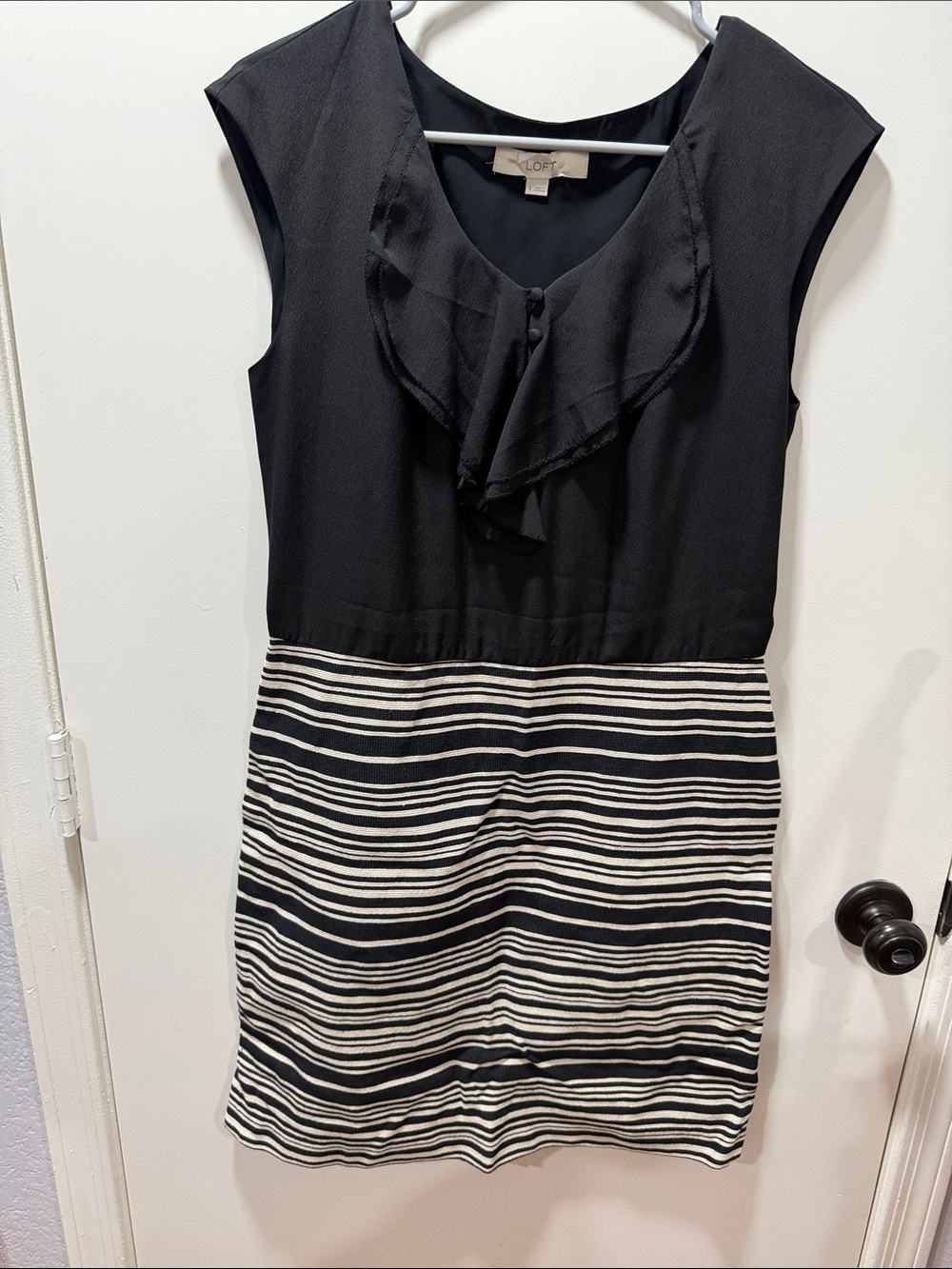 LOFT Black Top with Black & White Striped Midi Skirt Dress